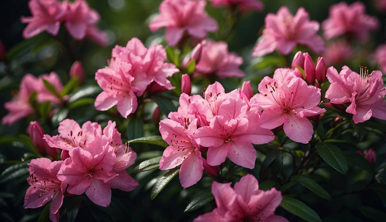 Vibrant, deep pink azalea flowers in full bloom, with dark green foliage and a compact, rounded growth habit