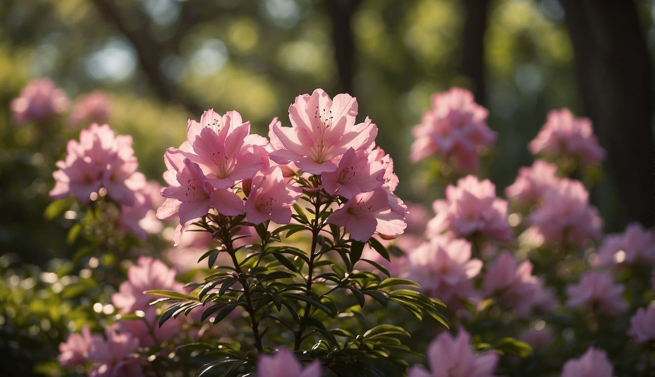 Azalea duc de rohan blooms in a serene garden setting with dappled sunlight and a gentle breeze
