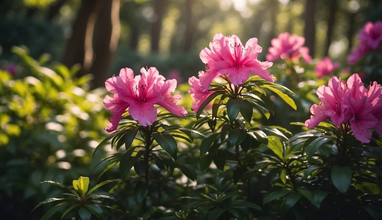A vibrant azalea duc de rohan blooms in a garden, surrounded by lush green foliage and dappled sunlight