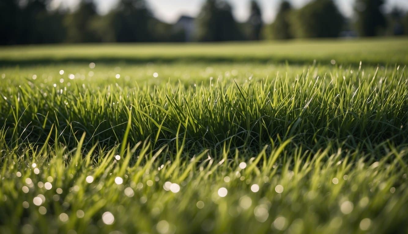 A lush green field with thick, coarse bermuda grass on one side and fine, soft kentucky bluegrass on the other, showcasing their contrasting textures and colors