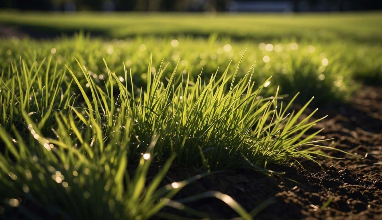 Sunlight dapples the lush green bermuda and kentucky bluegrass, swaying gently in the breeze, their vibrant colors contrasting against the rich, dark soil