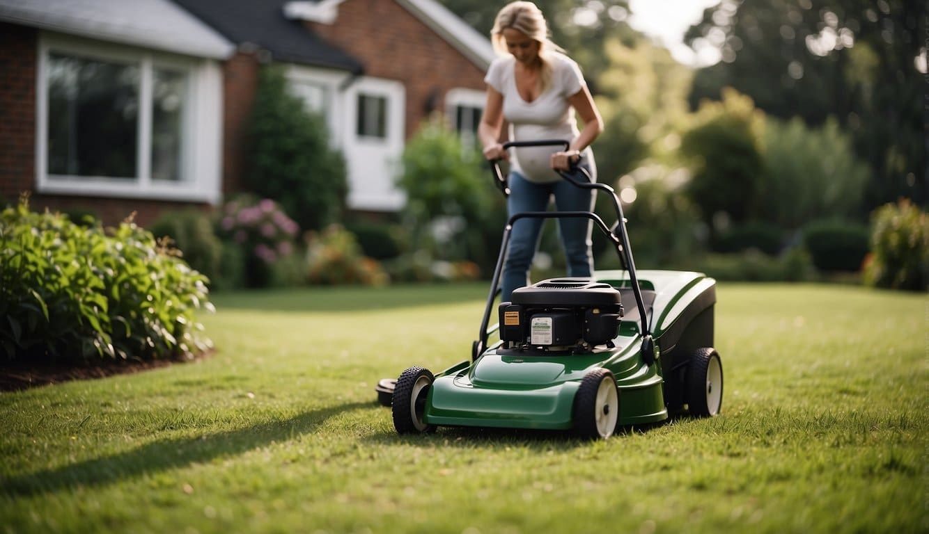 A lawnmower cutting grass near a pregnant woman's home