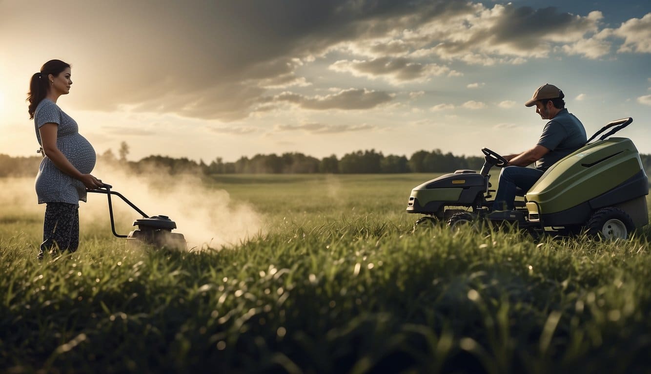 A pregnant woman watches as a lawnmower emits clouds of dust and grass clippings, raising concerns about potential health risks during pregnancy