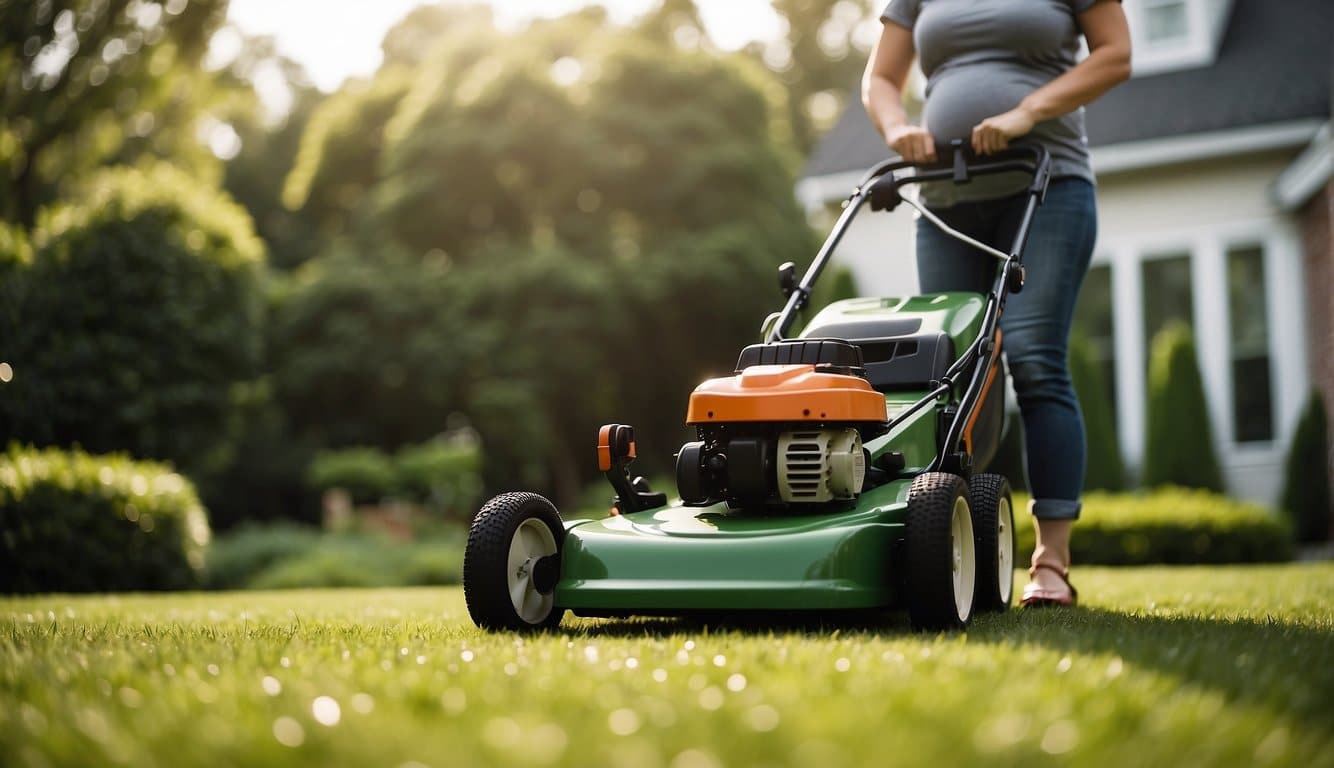 A pregnant woman mowing the lawn while following safety guidelines, with a question mark hovering over the mower