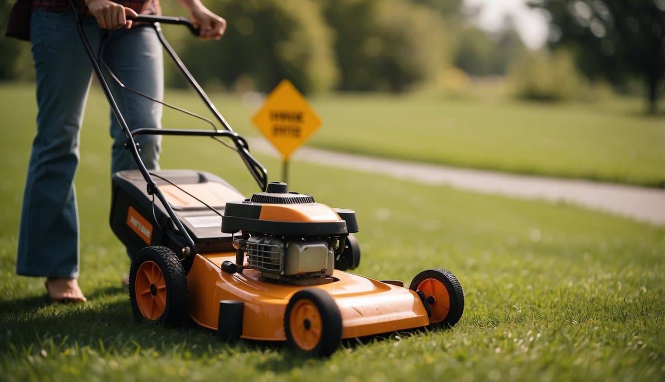 A lawnmower cutting grass near a pregnant woman with a caution sign