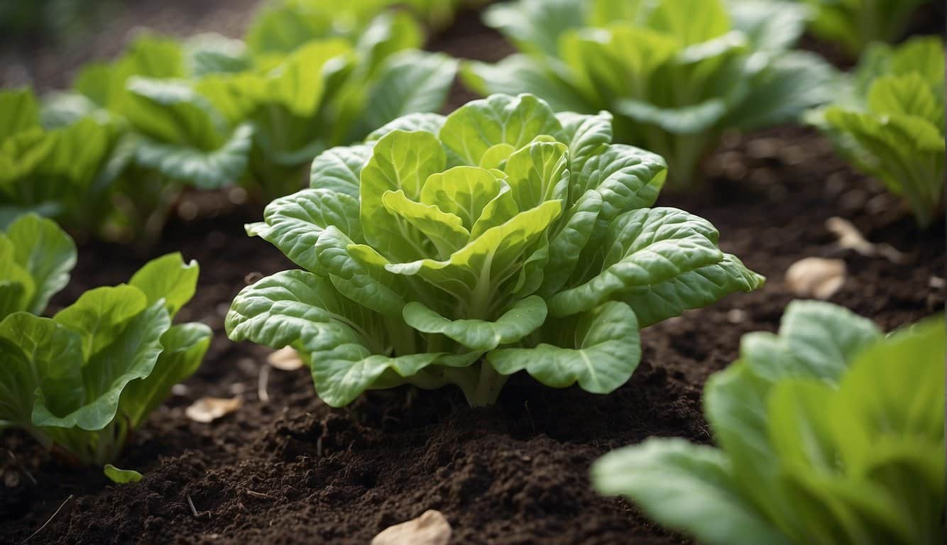 A lettuce-like plant with green, leafy foliage grows in a garden bed, surrounded by soil and other plants