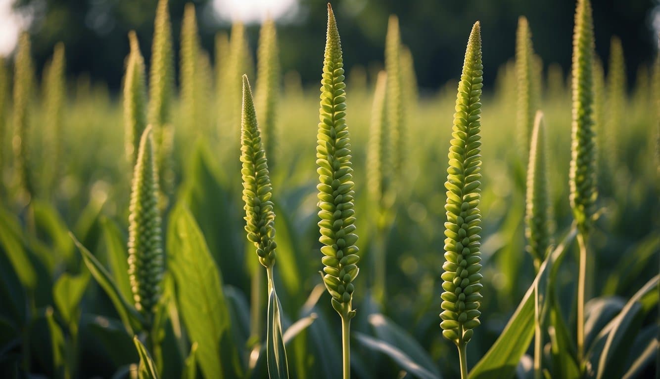 Tall green stalks mimic corn in a garden setting, surrounded by other plants with similar appearance