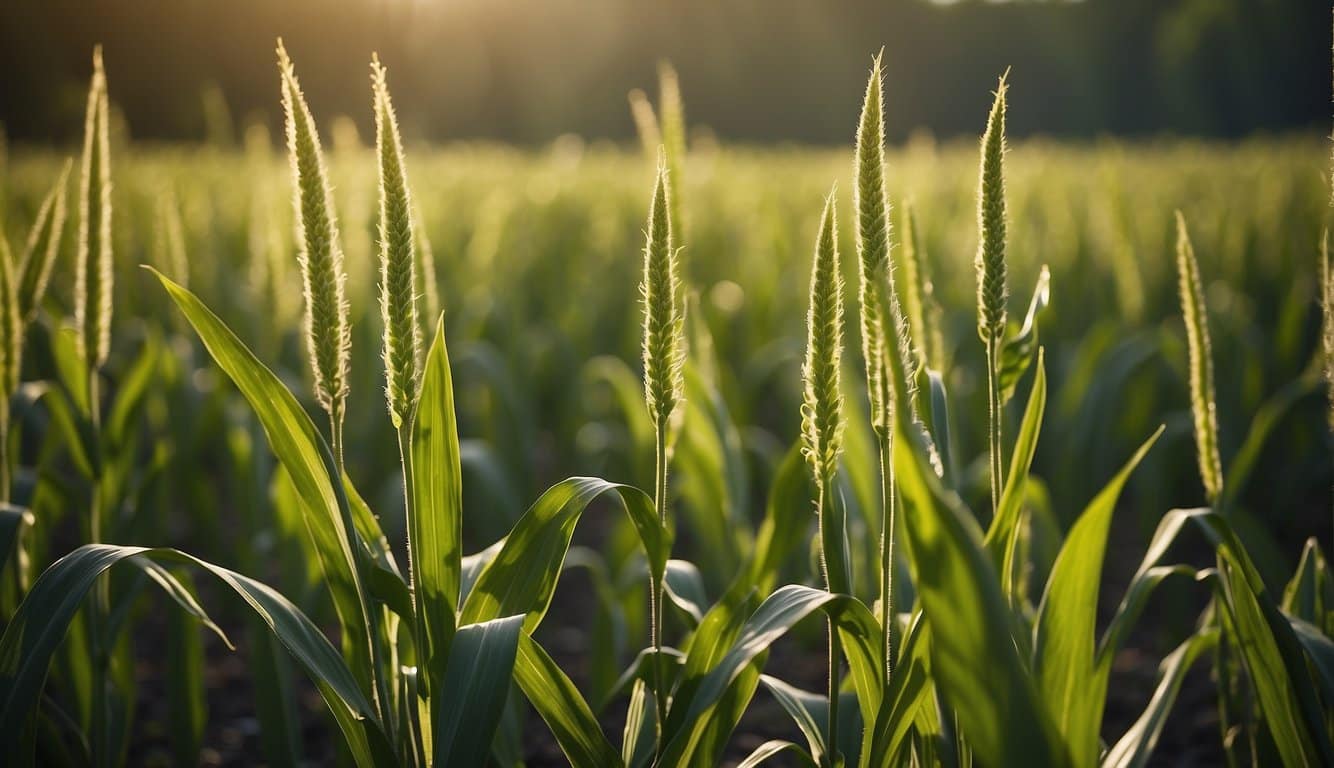 Tall green plants with long, narrow leaves resembling corn stalks, growing in rows in a sunlit field