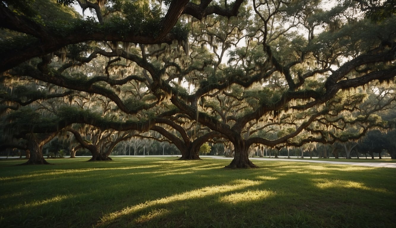 Lush green trees shooting up in a Florida landscape, their branches spreading wide to provide shade