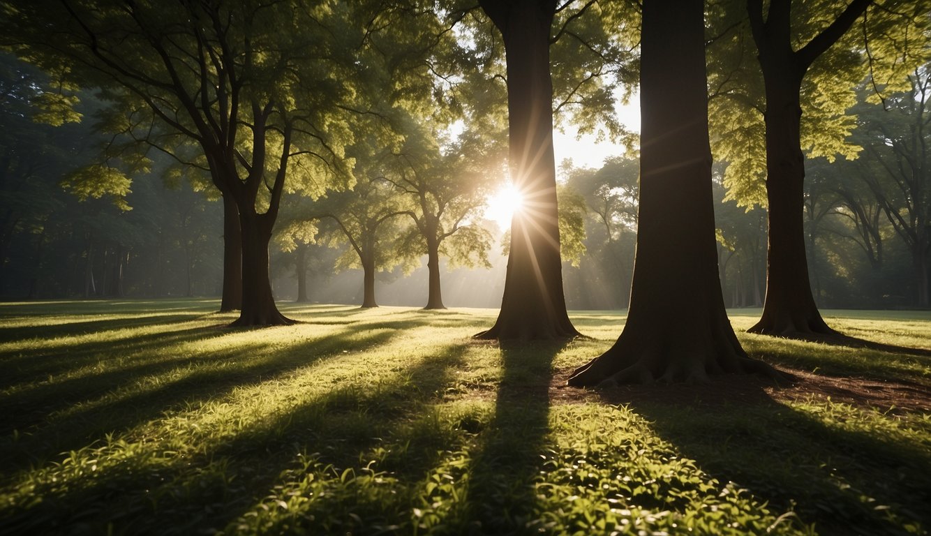 Tall, leafy trees reaching towards the sun, casting cool shadows on the ground. The branches sway gently in the breeze, creating a peaceful and serene atmosphere
