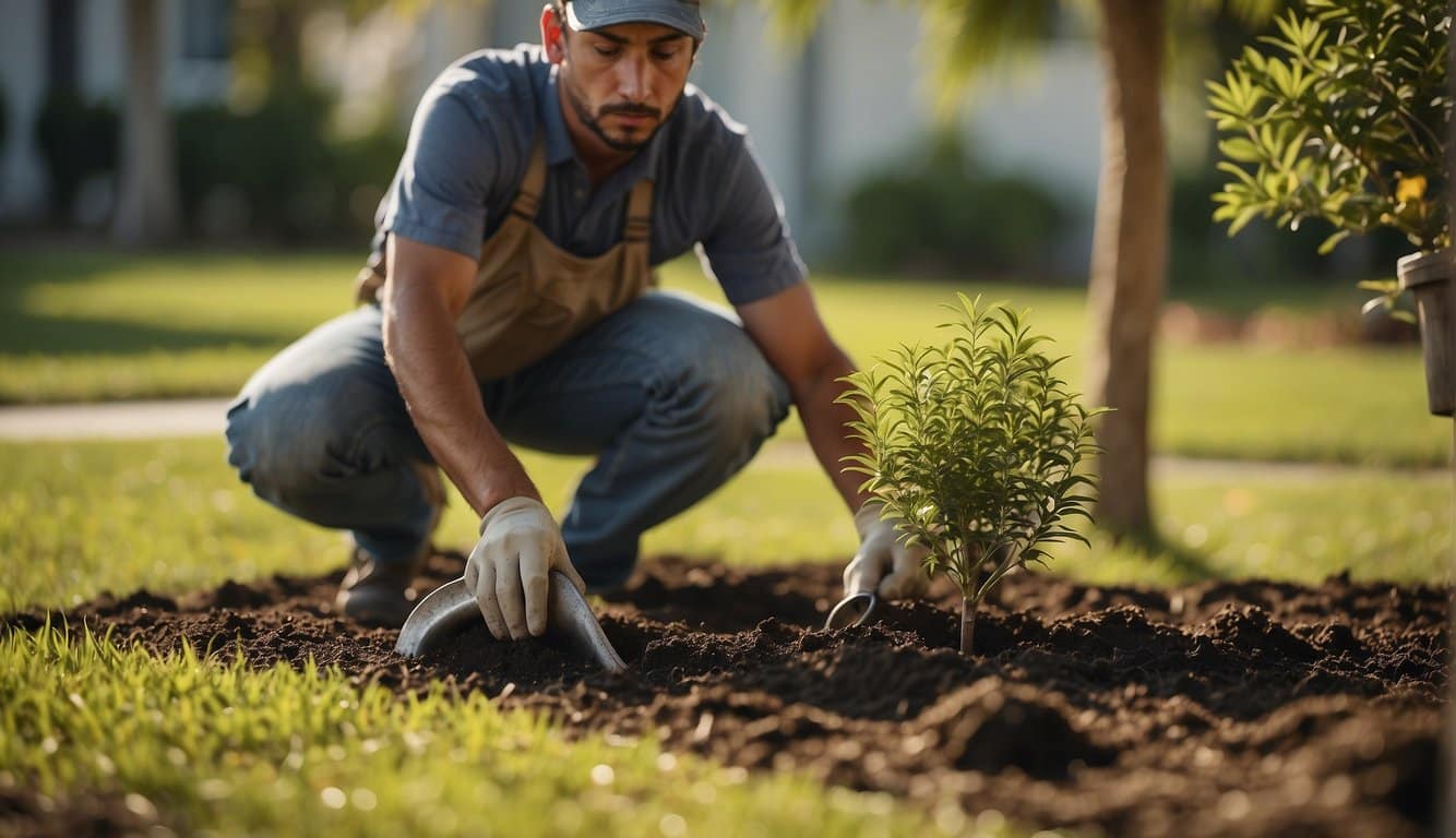 A person planting a young shade tree in a sunny Florida backyard, carefully watering and mulching the base for optimal growth