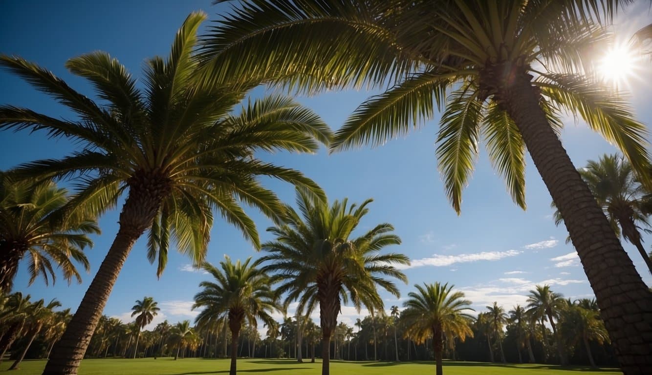 Palm trees sway in the warm Kentucky breeze, their long fronds reaching towards the blue sky. The sun casts dappled shadows on the lush green grass below