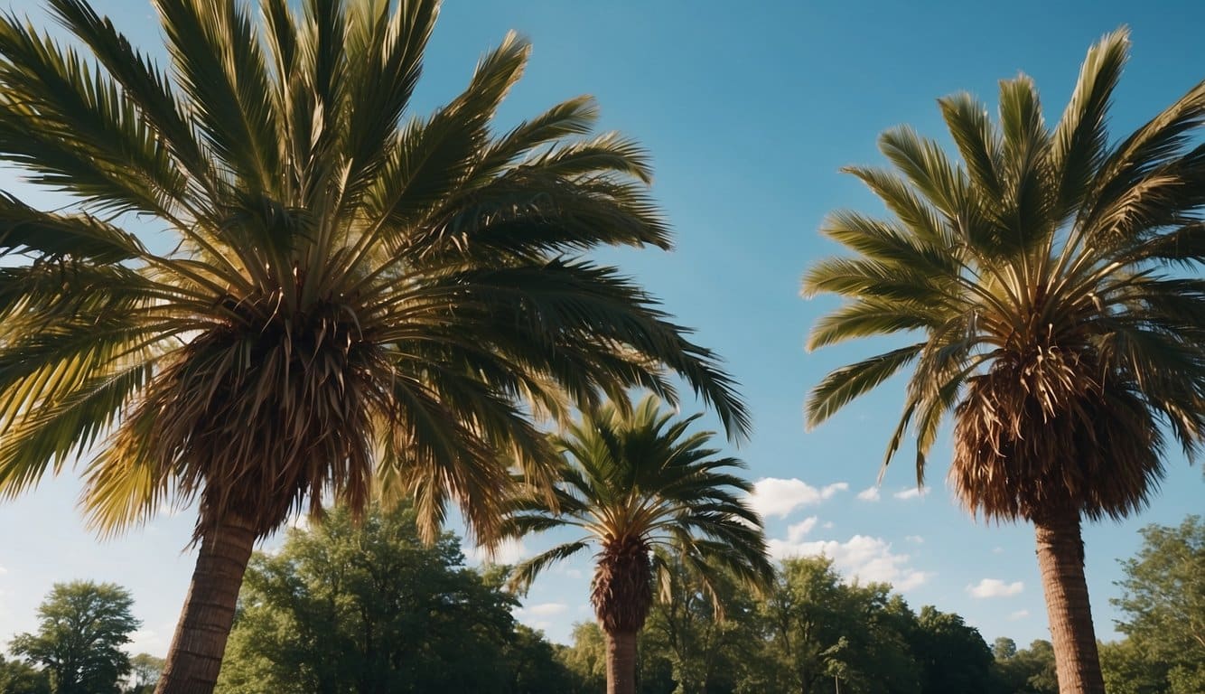 Palm trees thrive in a lush Kentucky landscape, their fronds swaying in the gentle breeze under a clear blue sky