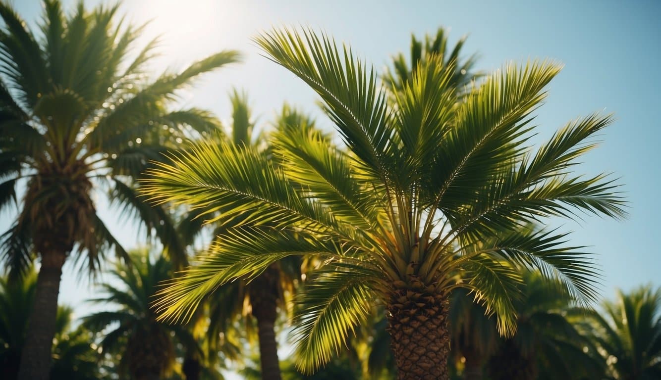 Palm trees sway in a gentle breeze, their fronds reaching towards the sunny Kentucky sky
