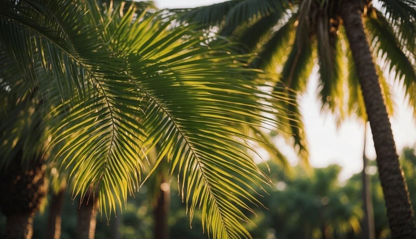 Palm trees thrive in Kentucky's warm climate. The trees stand tall, with long, slender trunks and large, fan-shaped leaves swaying gently in the breeze