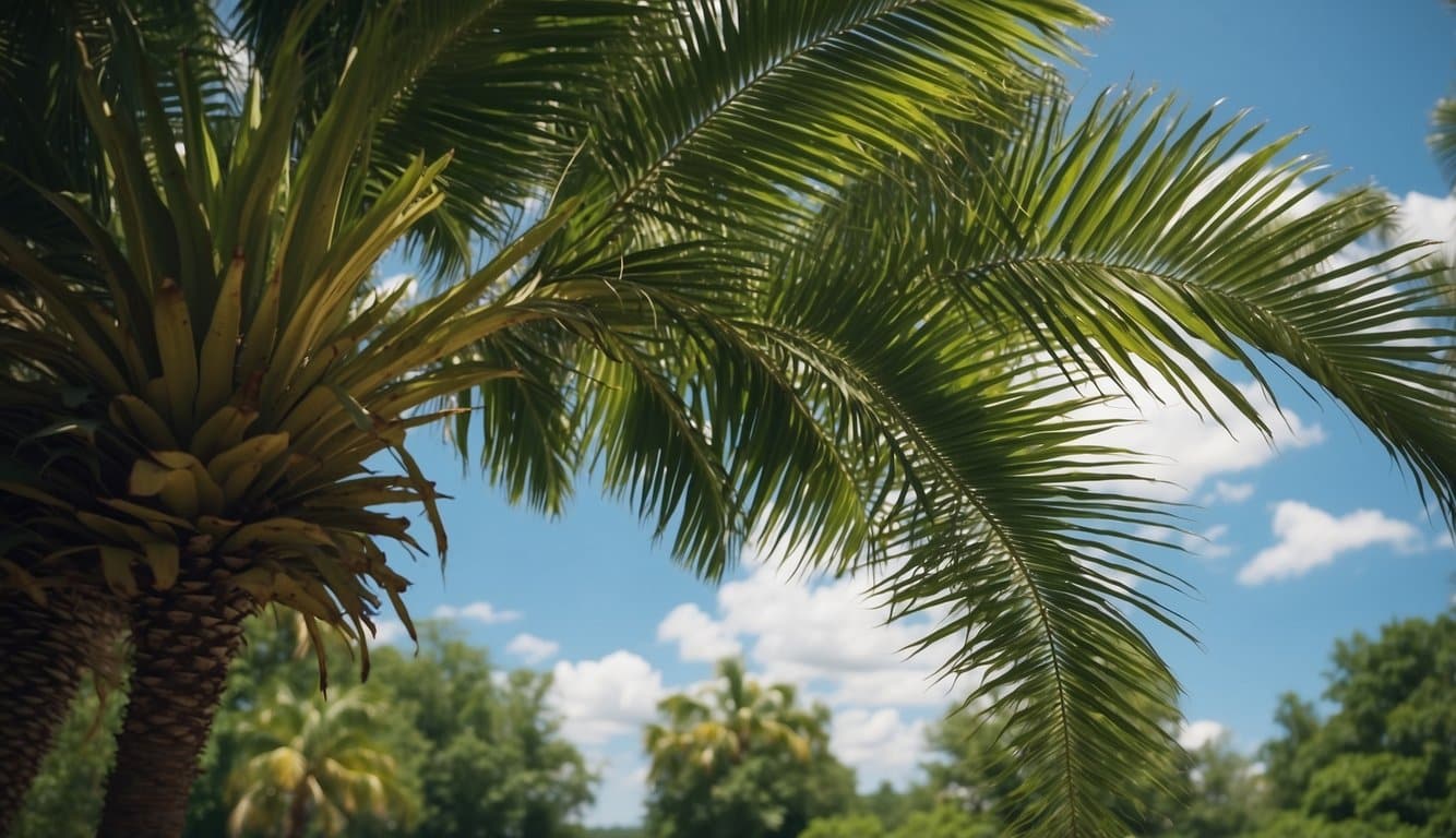 A lone palm tree stands tall in a lush Kentucky landscape, its fronds swaying gently in the breeze. The vibrant green leaves contrast against the blue sky, creating a picturesque scene