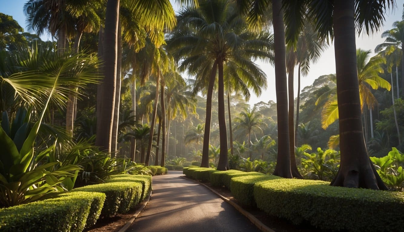 Lush green landscape with tall, slender coconut palms, vibrant rainbow eucalyptus trees, and majestic monkeypod trees with wide canopies