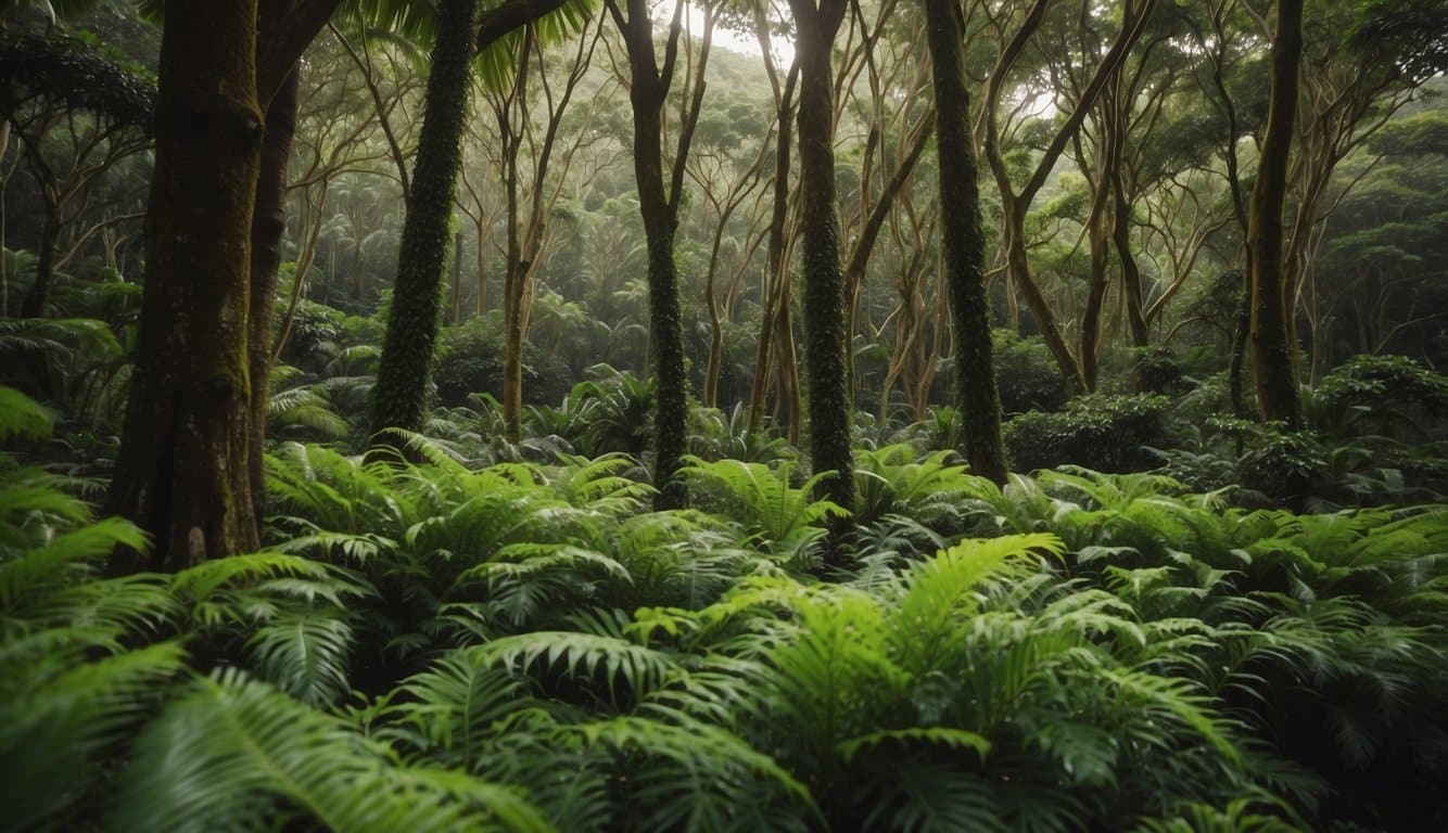 Lush green trees of Oahu stand tall, surrounded by diverse flora and fauna. Conservation signs dot the landscape, showcasing efforts to protect and preserve the natural environment