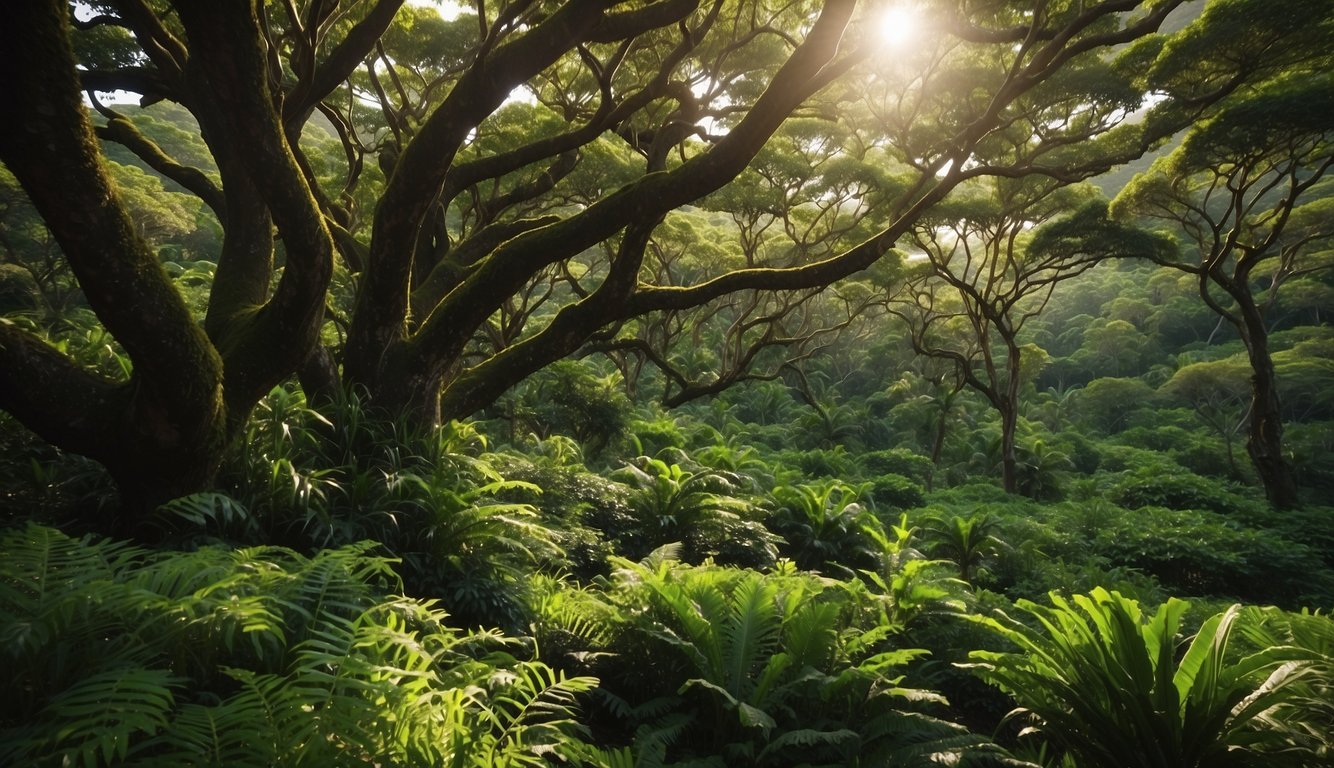 Lush green trees of various species cover the landscape, providing shade, oxygen, and habitat for diverse wildlife on the island of Oahu