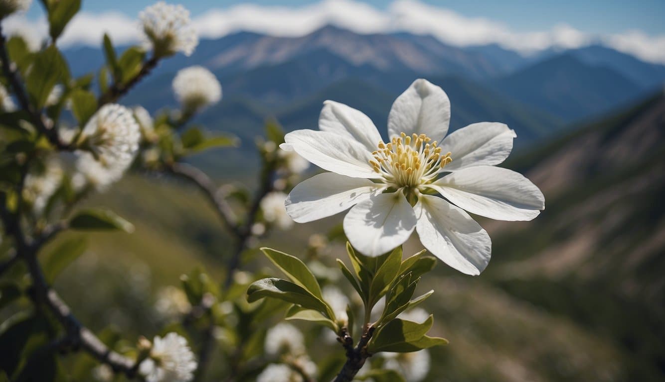 A white flower tree blooms against Colorado's mountain backdrop