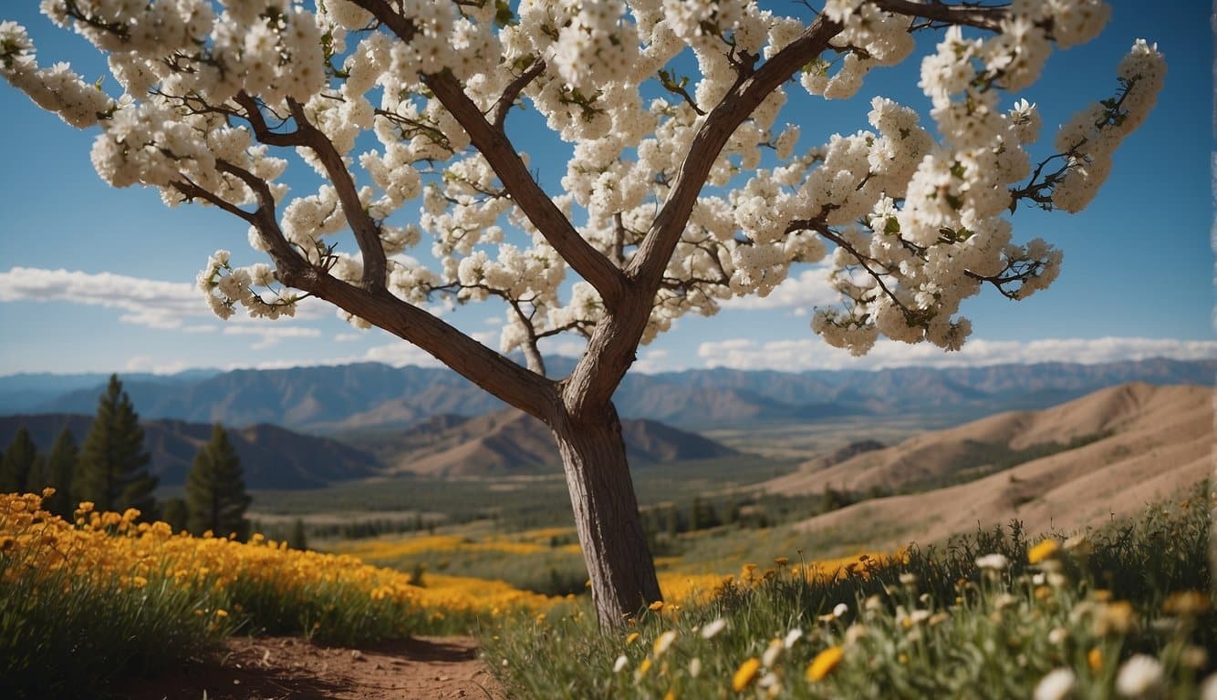 A tall white flower tree stands in the colorful landscape of Colorado