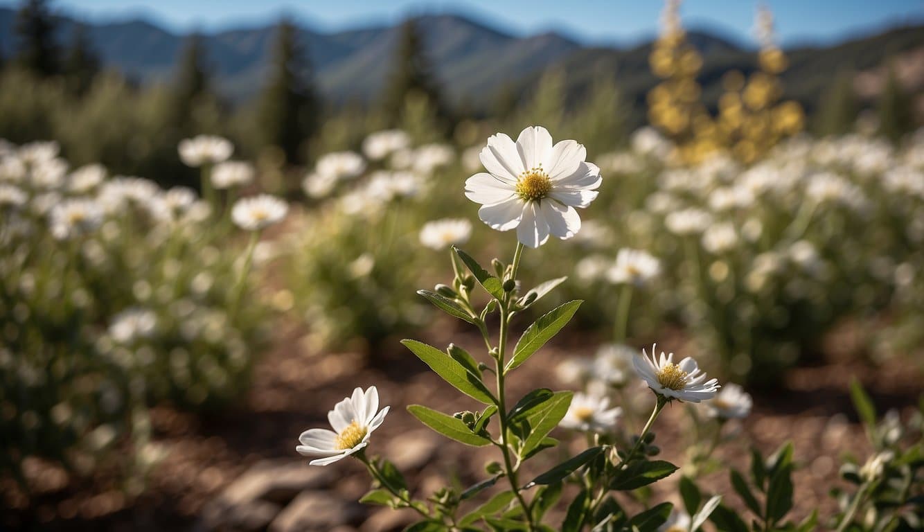 A sunny day in the Colorado mountains, with clear blue skies and gentle breezes. The white flower tree stands tall, surrounded by rich, fertile soil and ample sunlight