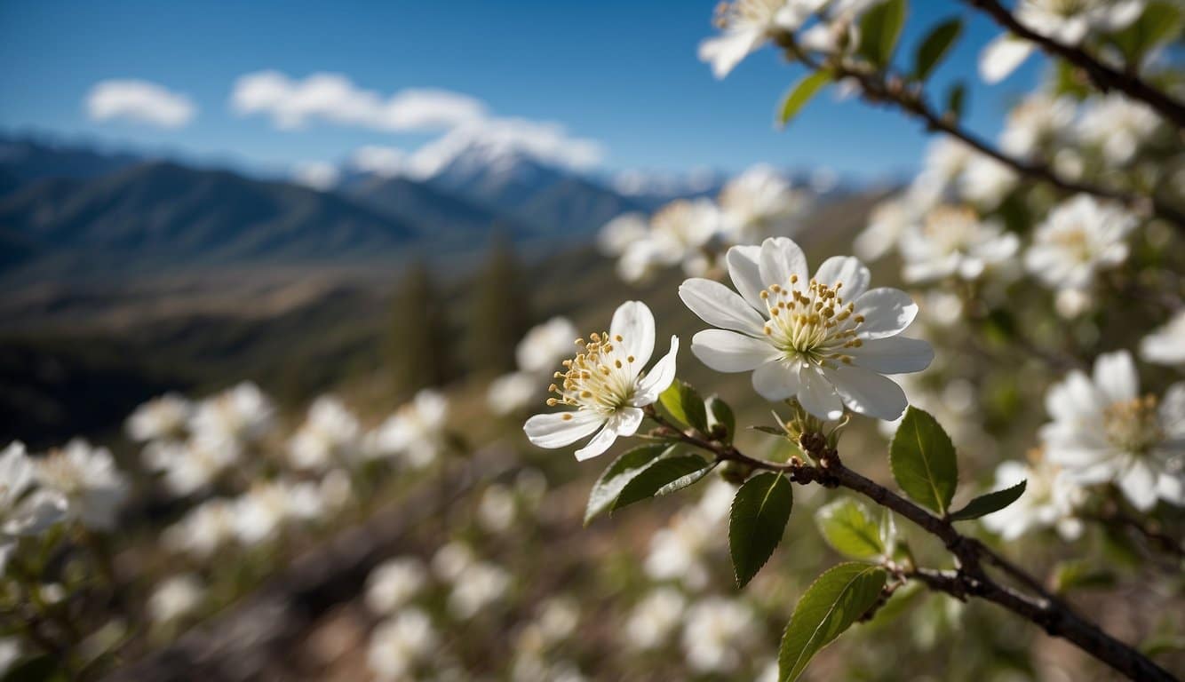 A white flower tree stands in a Colorado landscape, with a clear blue sky and mountains in the background