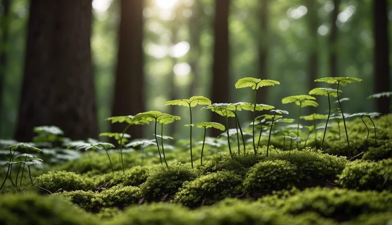 Lush green forest floor, towering trees with vibrant leaves, thriving in acidic soil