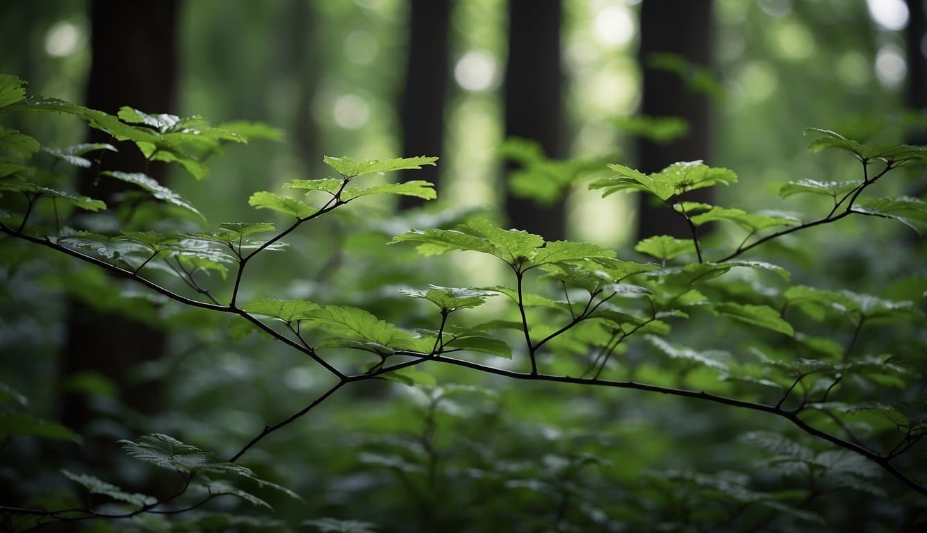 Lush green foliage of acid-loving trees thrives in a damp, shaded forest. The trees are adorned with vibrant, colorful leaves and delicate, fragrant blossoms