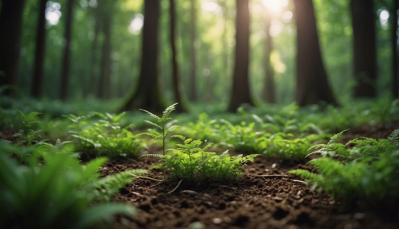 Lush green forest floor with vibrant, acidic soil. Tall trees with bright green leaves thriving in the acidic environment