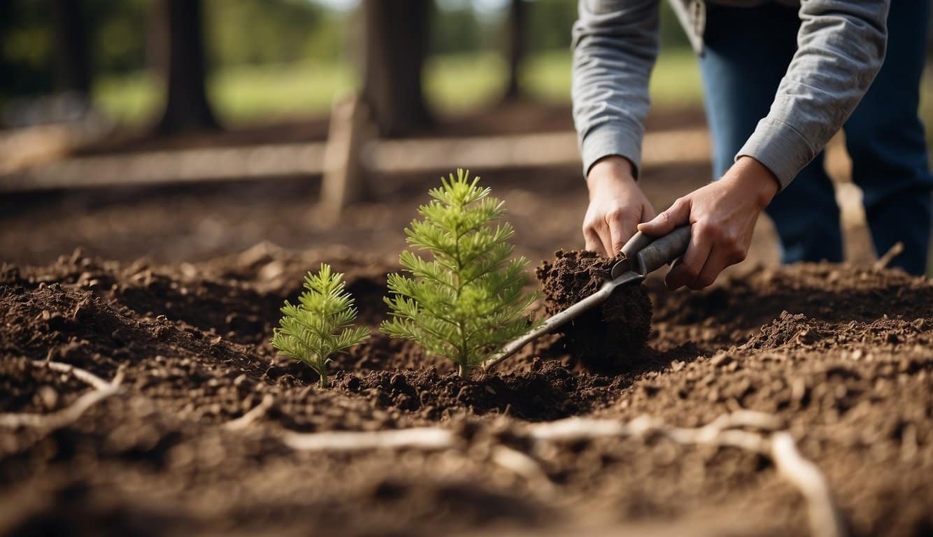 A person digs a hole and carefully places acid-loving trees into the ground, ensuring they have enough space to grow and thrive