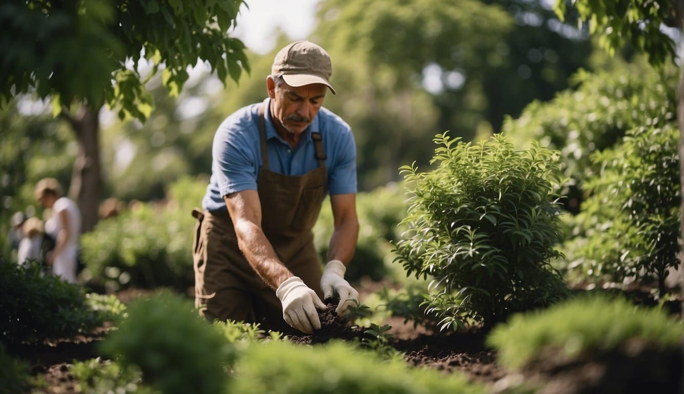 The gardener carefully fertilizes and prunes the acid-loving trees in a lush garden setting