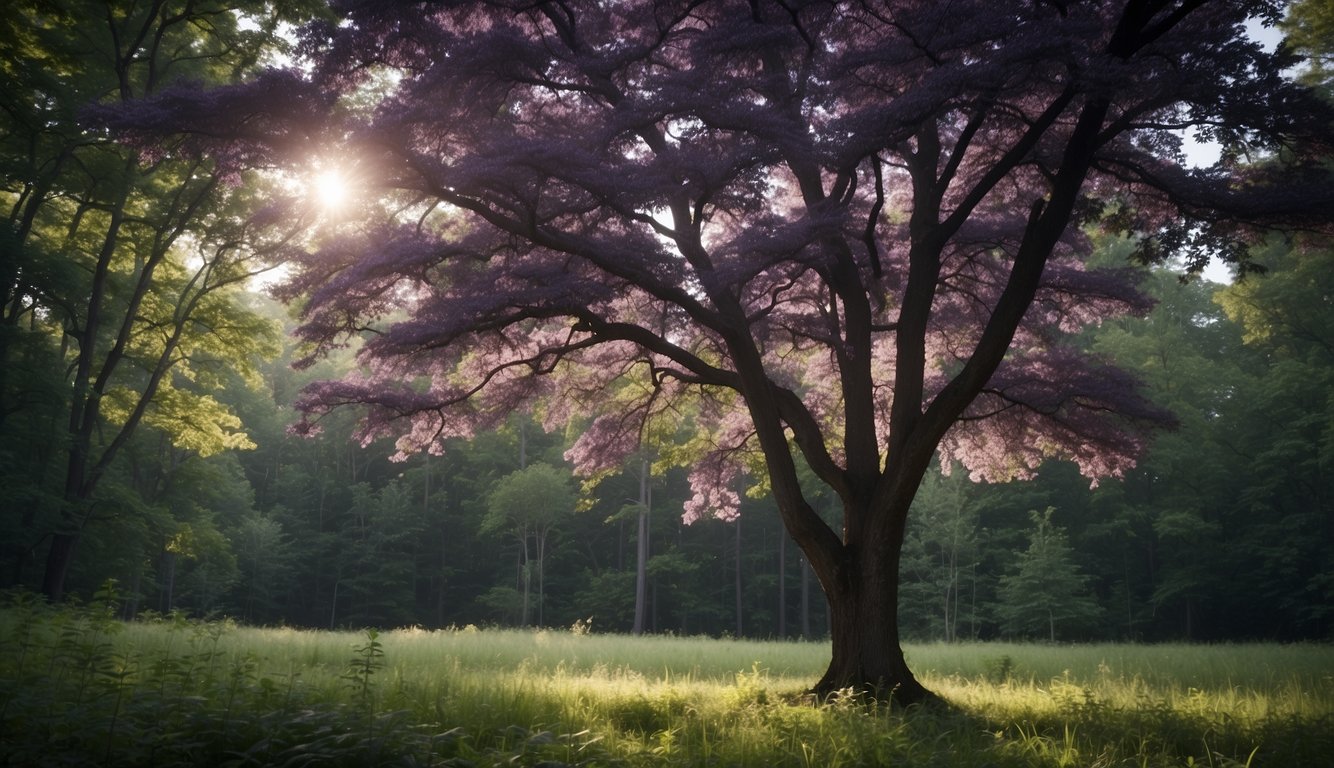 A purple tree stands tall in a lush Indiana forest, its vibrant color contrasting with the surrounding greenery