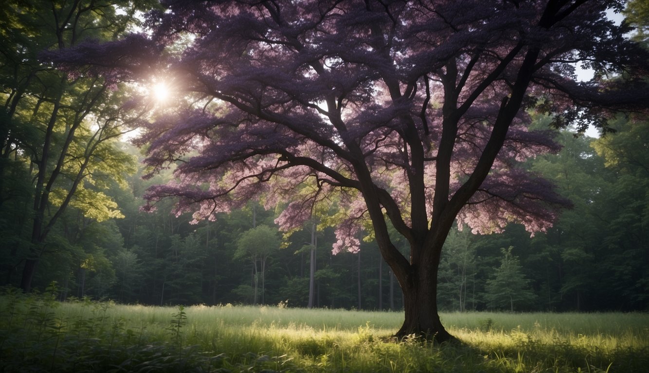 A purple tree stands tall in a lush Indiana forest, its vibrant color contrasting with the surrounding greenery