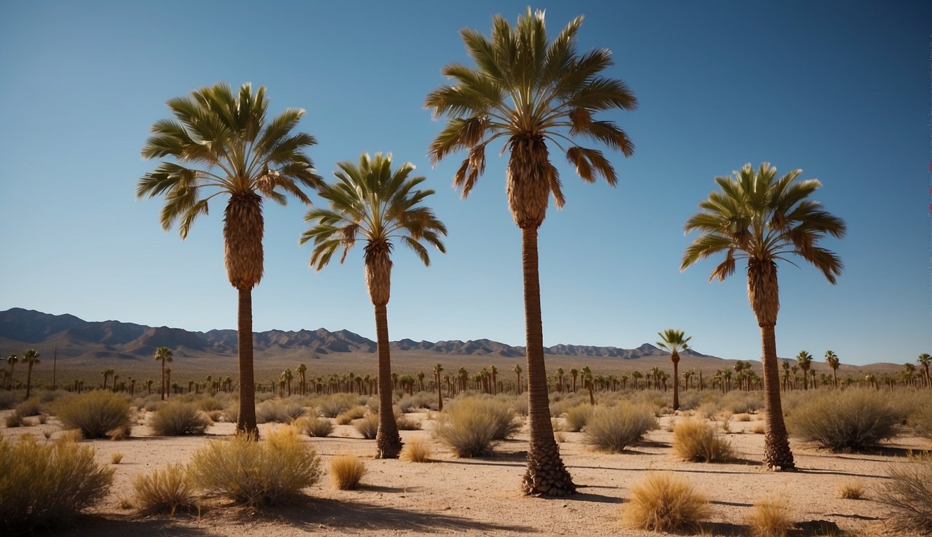 Palm trees line the desert landscape in New Mexico, swaying in the warm breeze under the bright, clear sky