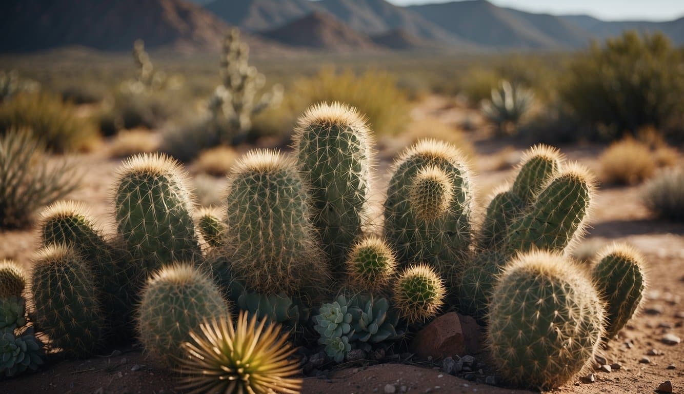 New Mexico flora thrives in arid climate, with cacti, yucca, and sagebrush dominating the landscape. No palm trees in sight