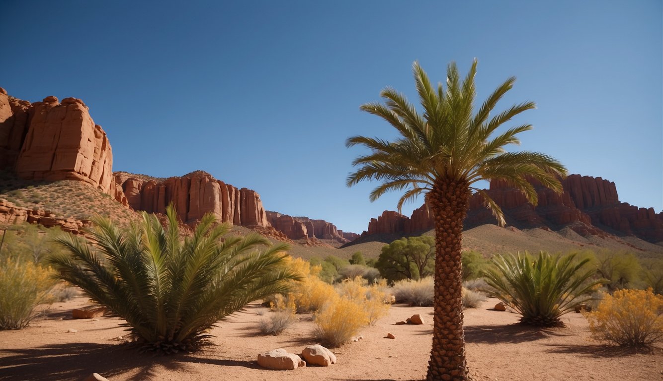 Palm trees sway in the desert breeze, set against a backdrop of red rock formations and a clear blue sky in New Mexico