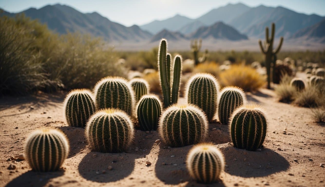 A sunny desert landscape with cacti and mountains in the background, with a few palm trees scattered throughout the scene