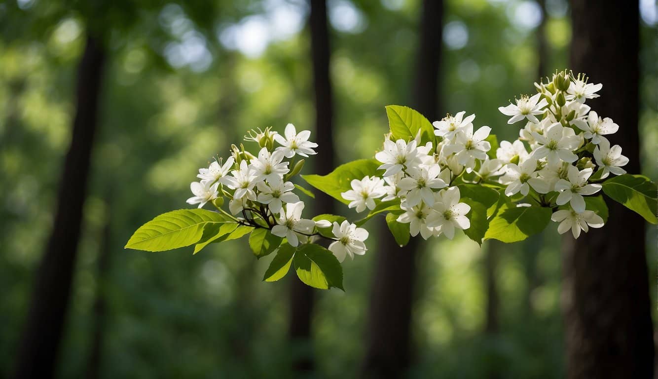 White flowering trees stand tall in a Wisconsin forest. Their delicate blossoms create a stunning contrast against the lush green foliage