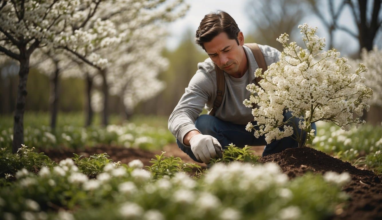 A person plants white flowering trees in a Wisconsin landscape, following guidelines and carefully selecting the location
