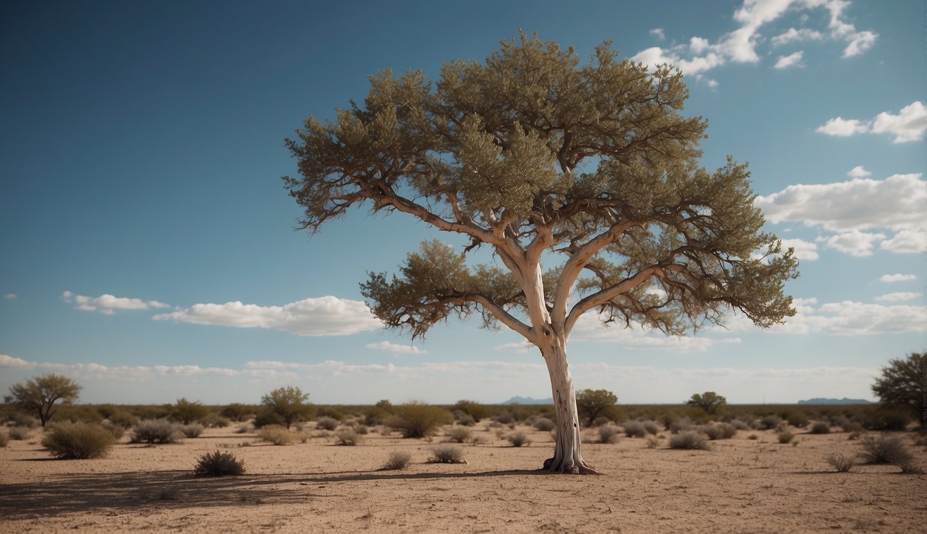 A lone Texas tree with white bark stands tall in the desert landscape