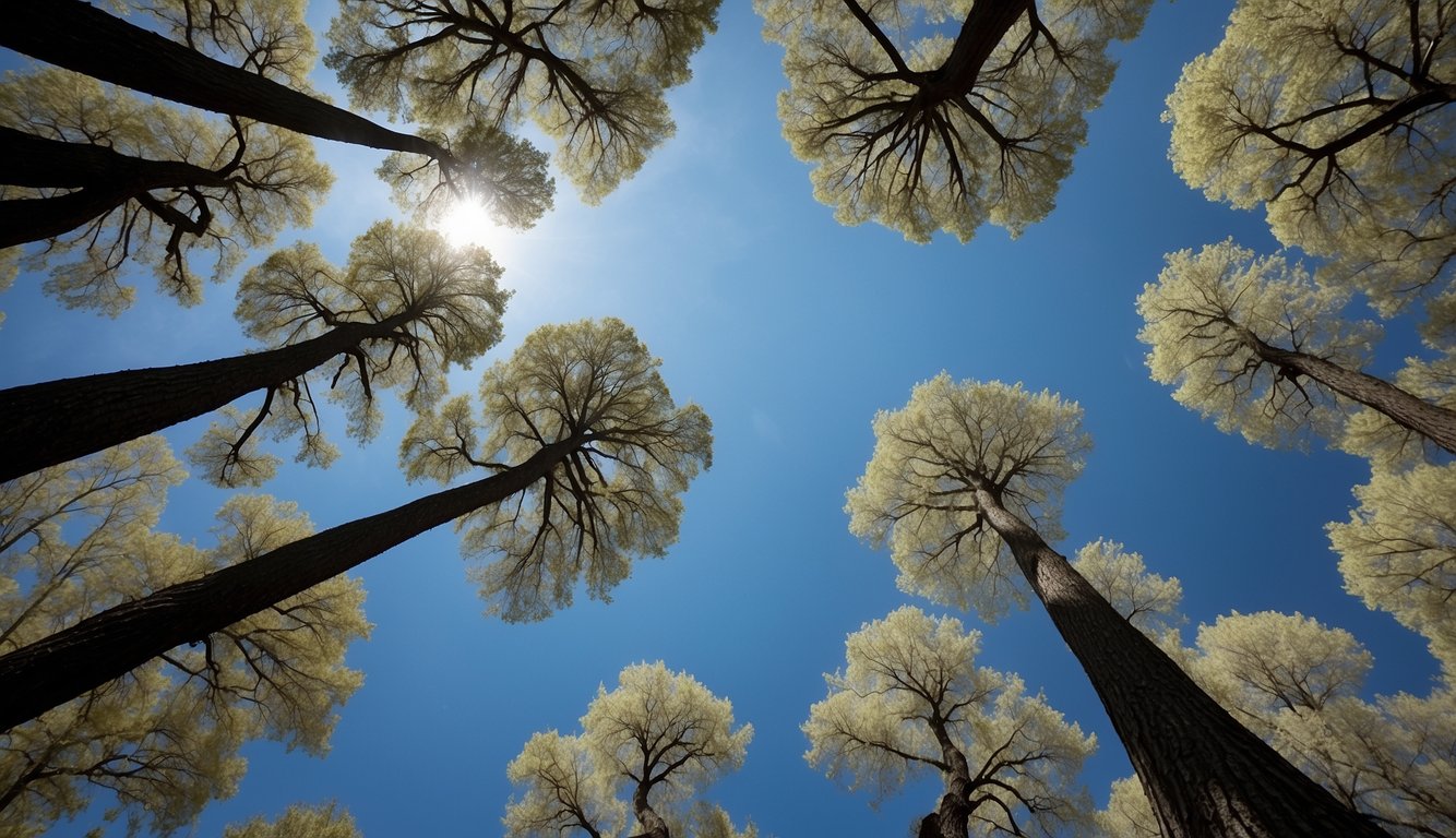 Texas white-barked trees stand tall with smooth, pale bark. Their branches reach out in all directions, creating a striking silhouette against the blue sky