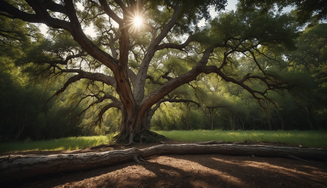 A Texas tree with white bark stands tall in a lush forest, symbolizing ecological significance