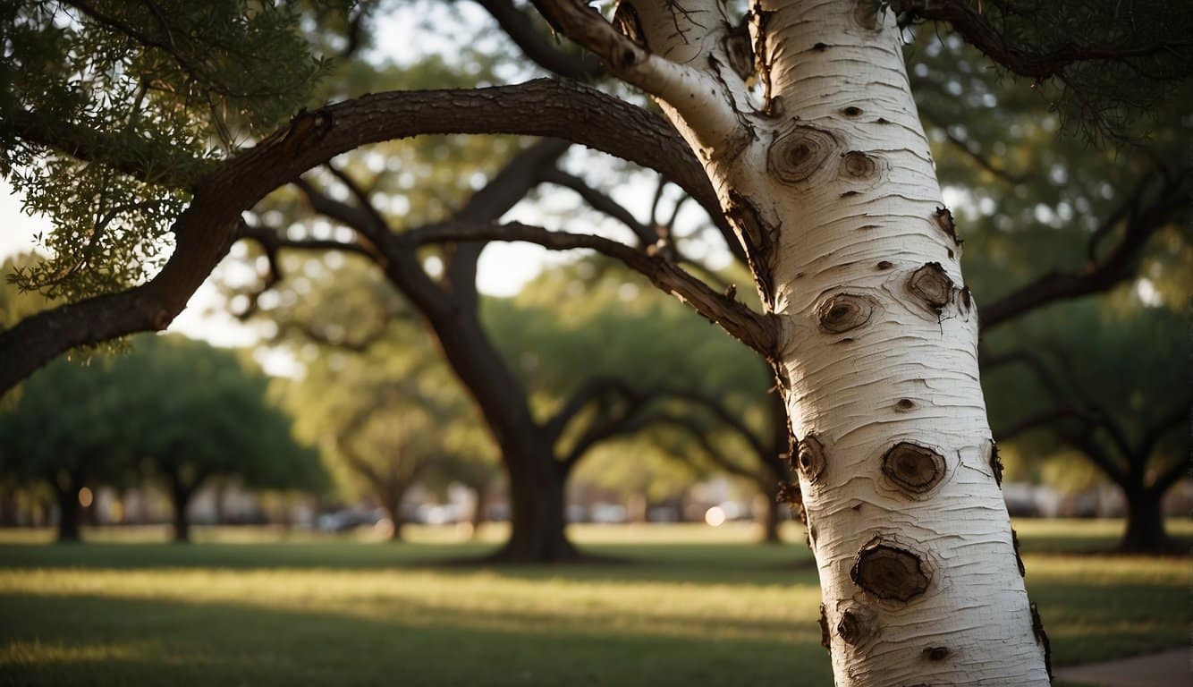 A Texas tree with white bark stands tall, threatened by encroaching development. Conservation efforts rally around it, protecting its natural beauty