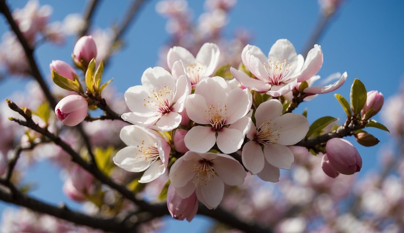 Flowering cherry and magnolia trees bloom in Washington, with pink and white blossoms against a blue sky