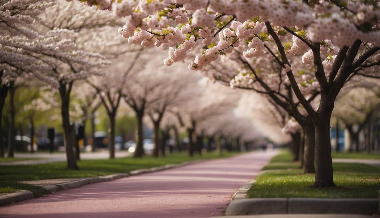 Blooming cherry and apple trees line the streets of Washington, creating a picturesque scene with vibrant pink and white blossoms