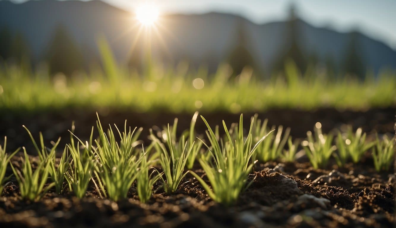 Lush green grass sprouting in a Washington state landscape, with the sun shining and soil being prepared for planting