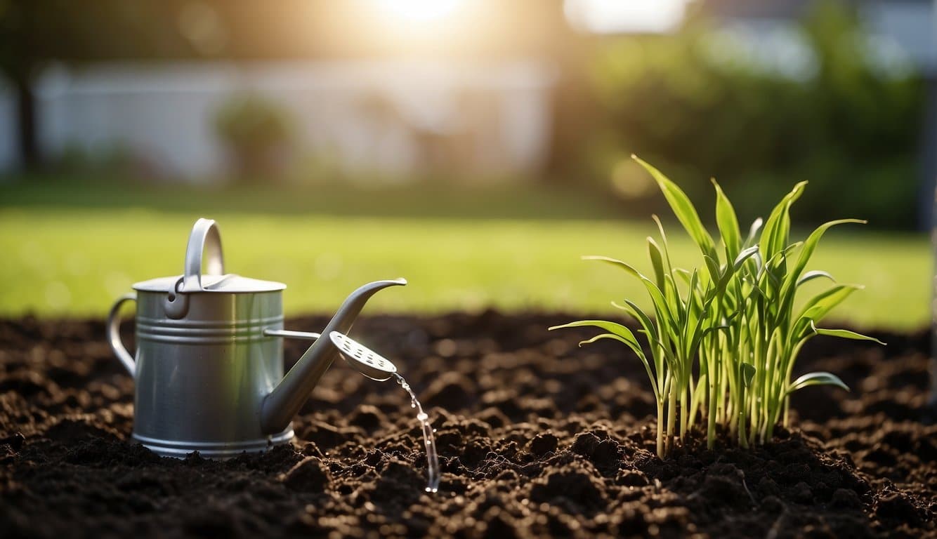 Lush green grass sprouting from freshly planted soil in a neatly manicured garden bed, with a watering can nearby and the sun shining overhead