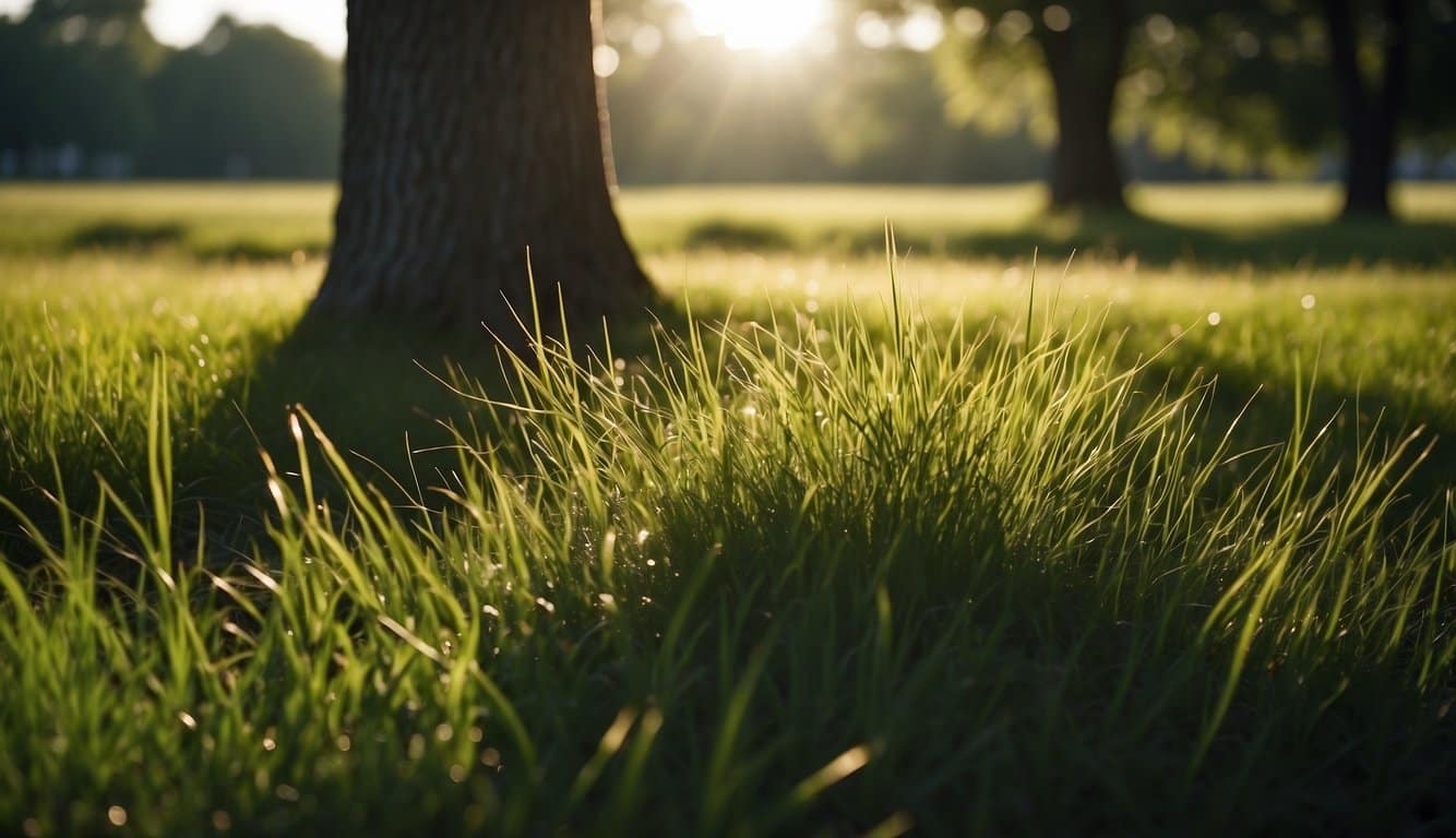 A tree casts dappled shadows on a lush field of tall fescue grass. The sun highlights the blades, creating a contrast of light and dark