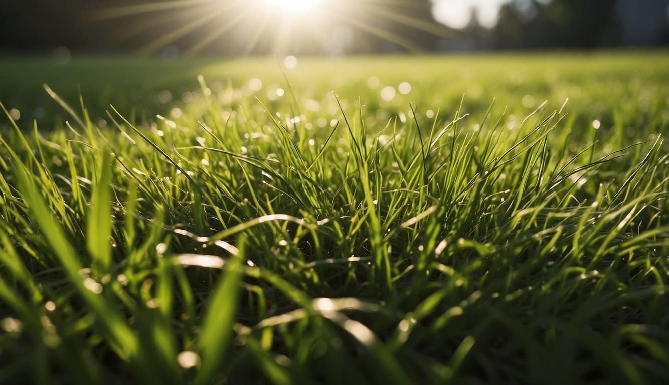 A lush green lawn with patches of sunlight and shade, showcasing the contrast between Scotts Sun and Shade grass and tall fescue